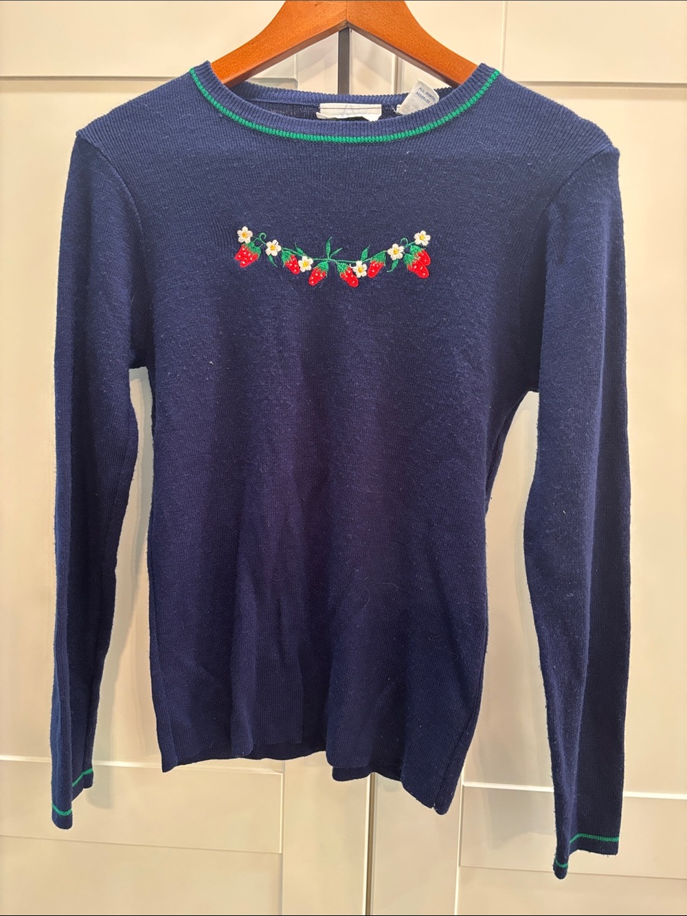 Navy Strawberry Embroidered Crewneck Sweater - Women